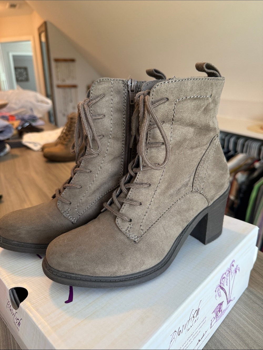 True Craft Taupe Lace-Up Block Heel Ankle Boots